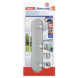 tesa Powerstrips Hakenleiste, matt-chrom - selbstklebender 3er-Haken für Küche und Bad, Kunststoff - Haken-Leiste für Handtücher sowie Bad- und Küchenutensilien - belastbar bis 3 kg