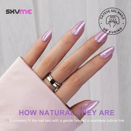 SXVME Cat Eye Purple Press On Nails Short Almond Shaped - 30Pcs Stiletto Fake Nails Acrylic Press ons Natural Thick Gel Nails Short Glue on Nails Opaque Glitter False Nails for Women No Glue