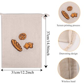 3 pieces linen bread bags, 31 cm x 38 cm, reusable linen bread bags, bags for bread, baguette, homemade bread and other food, also fruit and vegetable bags with drawstring