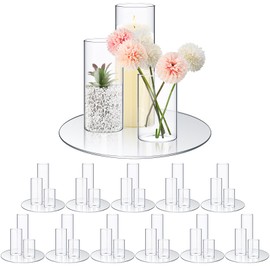 Sawysine 12 Sets 3.4'' X 4.7", 7", 9.8" Large Cylinder Vase Centerpiece with Mirror Tray Included Round Glass Mirror Trays Glass Vases for Centerpiece for Wedding Table Baby Shower Party Decoration