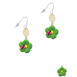 Delight Jewelry Resin Lime Green Daisy Flower with Hot Pink Ladybug Goldtone Leaf French Earrings