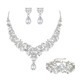 EVER FAITH Austrian Crystal Bridesmaids Elegant Water Drop Flower Cluster Statement Chunky Necklace Earrings and Bracelet Set Clear Silver Tone, Crystal, No Gemstone