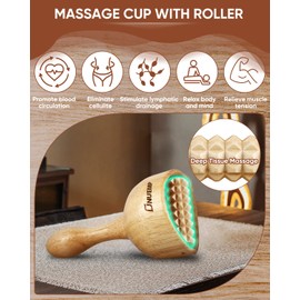 ONUEMP Wooden Therapy Cup with Roller, Wood Therapy Massage Tools, Maderoterapia Kit Colombiana, Fascia Roller for Body Shaping, Lymphatic Drainage, Cellulite Remover, Muscle Relief