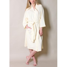 Women’s 100% Organic Cotton Spa Bath Robe Kimono, Super Soft Lightweight Non-Toxic Eco-Friendly (L/XL, Ivory)