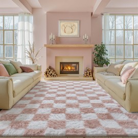 PureCozy Checkered Rug 9x12 for Living Room, Pink and White Modern Shag Rug Washable Non-Slip Large Area Rug Super Soft Indoor Fuzzy Carpet Fluffy Rugs for Bedroom Home Aesthetic Decor