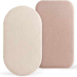 Susurration Basket Sheets, 2 Pack Muslin Cotton Bassinet Sheets Fits Oval and Rectangle Crib Bassinet Mattress, Breathable and Skin-Friendly for Baby Boy and Girl (Cream & Sand)
