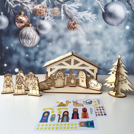 FOTOFOL Craft Set Christmas Nativity Scene Made of Birch Plywood with Sticker - Nativity Figures, Christmas Tree for Painting for Children - Wooden Christmas Decoration - Beautiful Gift Idea for