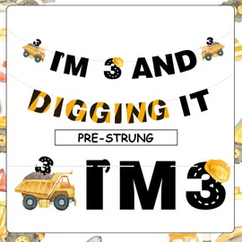 Funmemoir Construction 3rd Birthday Party Banner - I'm 3 and Digging It, Excavator, Dump Truck, Yellow-Black-Orange, 16 cm x 21 cm