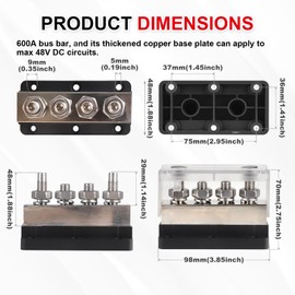 600A Power Distribution Block with Cover 4 x 3/8" (M10) Studs Bus Bar Terminal Block Max 48V Positive and Negative for Automotive Car Boat, Black