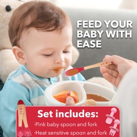 Gadgetime USA 4 piece set of silicone spoon/fork and heat sensitive Baby Utensils Self Feeding Chewable Toddler Training