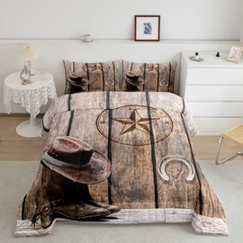 Cowboy Comforter Set Twin Western Texas Star Horseshoe Bedding Set For Adults Men Boys Rustic Farmhouse Bedding Comforter Sets Cowboy Boots Hat Quilt Duvet Brown Wild West Style Room Decor 2 Pcs