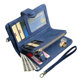 PofeeXIO Womens Small Bifold Leather Wallets RFID Ladies Wristlet with Card Slots id Window Zipper Coin Purse (Blue)