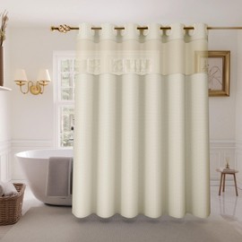 Inhousolu Long No Hook Shower Curtain with Snap in Fabric Liner Set Waffle Weave 230GSM Weighted Hem, Waterproof & Washable Bathroom Curtain Spa Luxury with Mesh Top Window 72" W x 78" L Ivory
