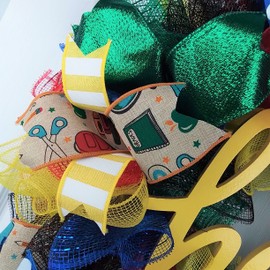 Teacher Christmas Gift - Customizable Classroom Front Door Decor Gift Present Outdoor Mesh Wreath - Red Blue Green Yellow Black