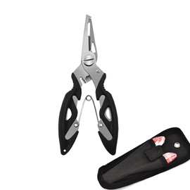 Stainless Steel Fishing Pliers Scissors Multi Tool for Removing Hook Cutting Braid Line and Spliting Rings with Storage Bag, Flesh and Sea Fishing Accessories, Black