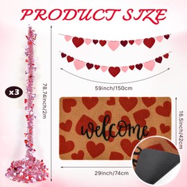 Cumule Valentines Day Mat Heart Doormat 16.5x29 Inch 2PCS Heart Banners and 19.7 Feet Tinsel Garland Valentine Front Doormats for Indoor Entrance Home Welcome Coir Mats Outdoor Valentine Mat