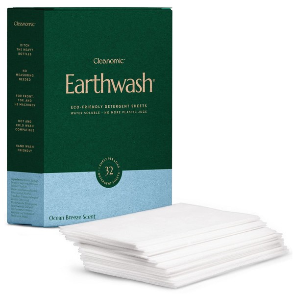 Earthwash Laundry Detergent Sheets (Up To 64 Loads) 32 Ocean Breeze Sustainable Sanitizer Strips - Ideal for Travel & Home Liquidless Laundry by Cleanomic