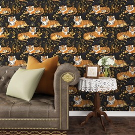 Tiger Peel and Stick Wallpaper Jungle Animals Black Gold Forest Contact Paper Removable Self Adhesive Waterproof Boho Vinyl Funky Wall Paper Mural for Bathroom Cabinet Bedroom Kitchen 17.5in x 9.8ft