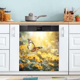 Dishwasher Magnet Cover Front Door Yellow Butterfly Flying Spring Flowers Summer Decorative Refrigerator Covers Magnetic Sheet Sticker Wash Machine Fridge Panel Decal for Kitchen Appliance 23x26 in