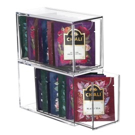 IBEQUEM 2PCS Tea Bag Drawer Organizer, Plastic Stackable Tea Bag Holder, Portable Clear Tea Bin for Countertops, Drawers, Kitchens, Pantries and Cabinets(3 x 6.5 x 3.9Inches) (2pcs)