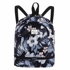 KAMO Drawstring Backpack Bag - Sport Swimming Yoga Backpack with Shoe Compartment, Two Water Bottle Holder for Men Women Large String Backpack Athletic Sackpack for Travel