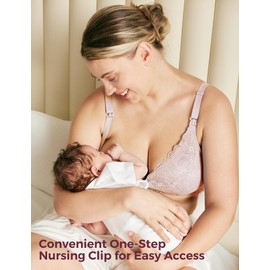 Momcozy Lace Nursing Bra, Wirefree Padded Nursing Bras for Breastfeeding, V Neck Maternity Bra for Pregnancy, Soft Lace Ice Pink