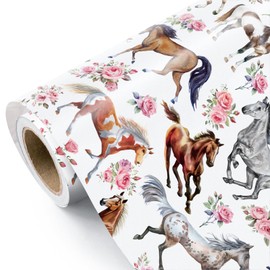WRAPAHOLIC Horse Wrapping Paper Roll - Mini Roll - 17 Inch x 16.5 Feet - Horse and Floral Wrapping Paper for Kentucky Derby Party, Horse Racing, Birthday