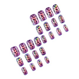 MERVF Square Press on Nails Medium Fake Nails Purple Leopard Glue ons Colorful Design Acrylic Nail Supplies Art DIY Cool Squoval Manicure 24pcs Glossy