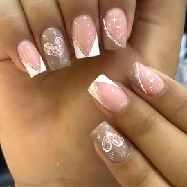 24Pcs Square Press on Nails Valentine's Day Fake Nails Short Glue on Nails with White V-shaped French Glitter Heart Design Cute Romantic Heart False Nails Pink Valentine's Stick on Nails for Women