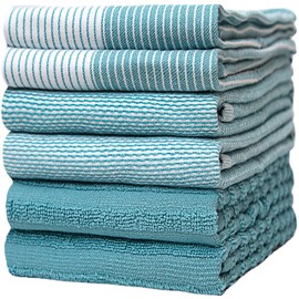 Bumble Kitchen Hand Dish Tea Towels – Bulk Set of 6 – Luxe, Soft, Durable Ring Spun Cotton with 3 Different Textures – Extra Large 20 x 28 In Size – Comes in Aqua Blue and Grey Packs (Aqua)