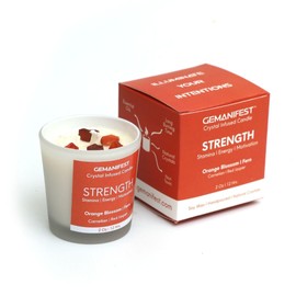 Gemanifest Strength Crystal Candle for Manifestation, Confidence & Motivation | Neroli (Orange Blossom & Fern) Scented Non-Toxic Soy Intention Candle | Workout Support | Perfect Gift Idea