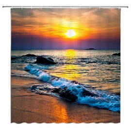 Ocean Beach Shower Curtain Beach Sunrise Sunset Scene Ocean Waves Tropical Hawaiian Seaside Nature Landscape Fabric Bathroom Sets with Hooks,Orange