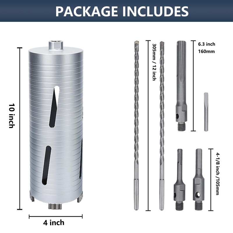 4 inch Diamond Dry Core Drill Bit, 10" Drilling Depth,