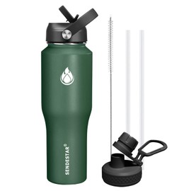 SENDESTAR 32oz Water Bottle Wide Mouth Stainless Steel Vacuum Insulated Double Wall with Straw Lids Fit in Any Car Cup Holder,Dark Green,32 Ounces