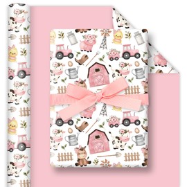 FYSUIMU Farm Animal Wrapping Paper - Mini Roll - 17 Inch x 32.8 Ft Pink Barnyard Gift Wrap Paper Double-Sided Art Paper for Home Party DIY Crafts Supplies