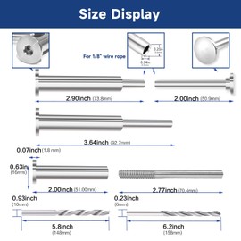RiaYer 10-Pair Flat Head Invisible Cable Railing Kit, Invisible Receiver and Swage Stud End, 1/8" Swage Tensioner and Terminal Hidden for Wood/Metal Post, T316 Stainless Steel Cable Railing Hardware