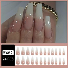 24Pcs French Tip Press on Nails RTKHFZE Extra long Ballet False Nails Coffin Full Cover Fake Nails with Jelly White Gradient Designs Acrylic Nails Nails Press Ons Stick on Nails for Women Manicure