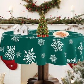 YOSTEV - Mantel de Navidad, 60 copos de nieve redondos verdes con temática navideña, mantel de tela lavable a prueba de derrames para el hogar, cocina, comedor, decoración de fiestas