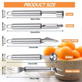 TAIHOBO 5PCS Melon Baller Scoop Set, Stainless Steel Watermelon Cutter, 2 in 1 Melon Cutter, Serrated Apple Corer with Hanging Loop, Fruit Potato Peeler ＆ DIY Fruit Carving Tool, for Different Fruits