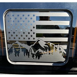 Xinghe for Ford F150 2015-2022, F250 F350 2017-2023 Mountain Forest American Flag Decal for Truck Rear Middle Window, Matte Black Mountain Tree USA Flag Decal for Truck Back Sliding Window
