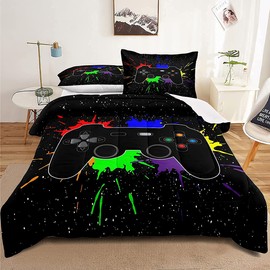 Gaming Bedding Set Twin Size Gamer Comforter Set for Boys Girls Kids Teens Soft Microfiber Colorful Modern Buttons Video Game Bedding Decorative Controller Pattern Design with Pillow Sham…