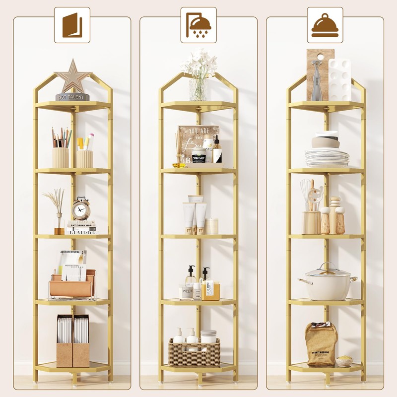5 Tier Corner Shelf Stand, Gold Metal Frame Corner Shelf
