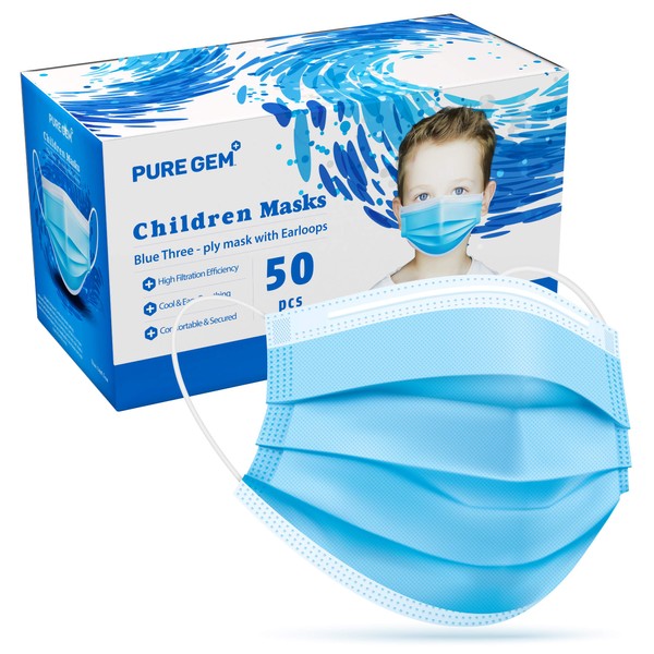 PURE GEM Premium Pack of 50 Masks Children's Size Single Use Disposable Kids Face Mask, Boys and Girls, Soft on Skin, Bulk Pack 3-Ply Masks | Facial Cover with Elastic Earloops For Childcare, School