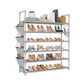 LANTEFUL 6 Tier Shoe Rack Storage for 24-30 Pairs Shoe and Boot, Shoe Organizer with Hook and Side Pocket Free Standing Long Shoe Shelf Tall Shoe Rack Organizer for Closet, Entryway, Dorm, Grey
