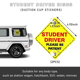 povtii 2PCS Student Driver Sign for Car Window, 5×5 Inch Please Be Patient Student Driver Warning Sticker, Removable New Driver Safety Sign Decal with Suction Cups, Car Accessories (Student Driver, Red)
