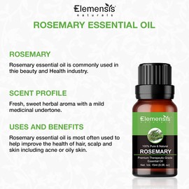 Elemensis Naturals Pure Rosemary Essential oil for hair growth, good vibes, Face & skin, Natural Therapeutic Grade rosemary oil, 15ml