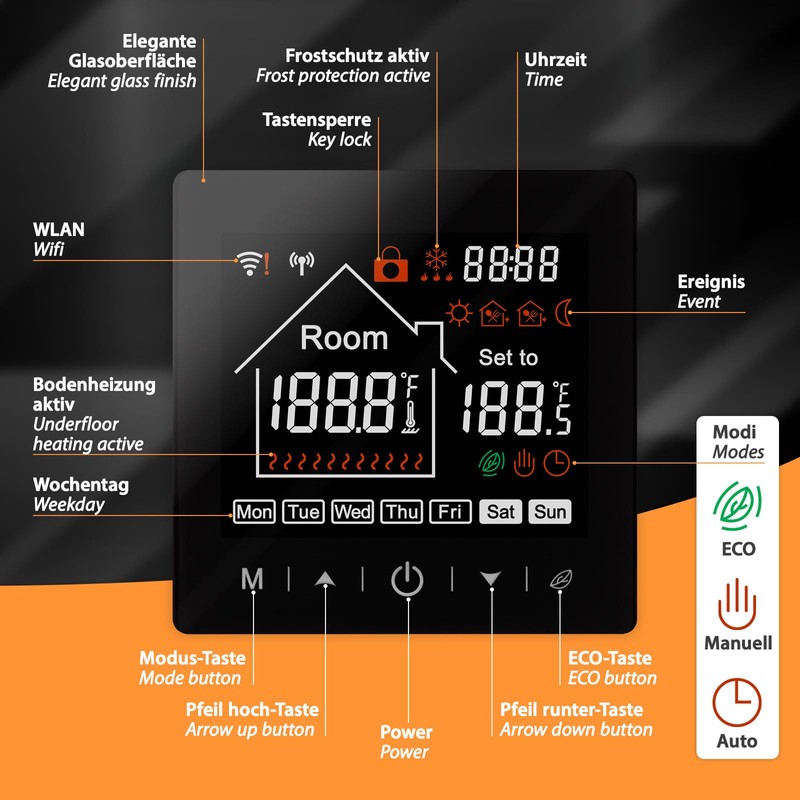 Mi-Heat M2 Digital Thermostat WLAN & Bluetooth Black - Underfloor