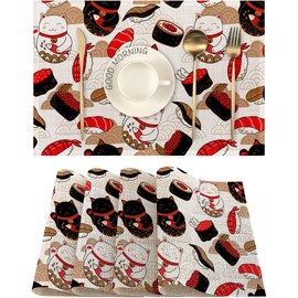 Cat Maneki Neko Sushi Placemats Set of 4, Waterproof Place Mats Non-Slip Washable Table Mats Set for Kitchen Dining Holiday Party Wedding Decor 12x18 Inch