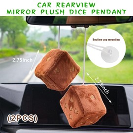 Dickno 2 PCS Fuzzy Plush Dice for Car Mirror, 3" Soft Retro Square Heart-Shape Rearview Mirror Ornament, Universal Interior Hanging Dice Decor Accessories for Women (Coffee)