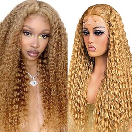 Shoaiye 13 x 6 Lace Front Real Hair Wig, Women's Deep Wave Human Hair Wig, Wear and Go Glueless Remy Pre Plucked Natural Hairline, 150% Density, Honey Blonde Colour for Woman, 18 Inches